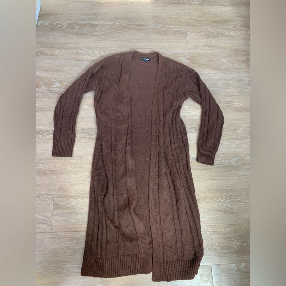 Fashion Nova Long Open-Front Cable Knit Cardigan Brown Sweater Size S